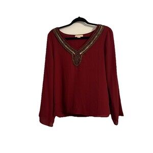 Teint Women’s Long Sleeve Maroon Sheer V Neck Jewel Embellish Bell Sleeves M